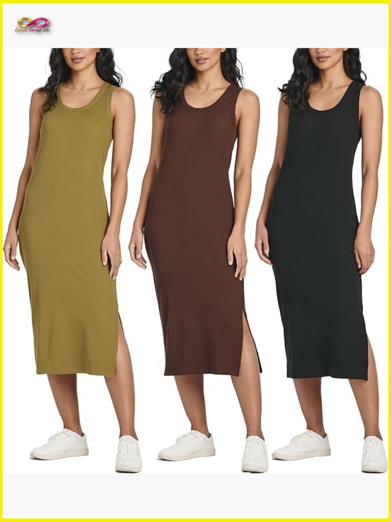 Ribbed Knit Sleeveless Crew Neck Tank Casual Midi Shift Dress Pack Of 3